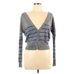 Y2K Vintage AEO American Eagle Cardigan Sweater Size L Gray Blue Striped Preppy